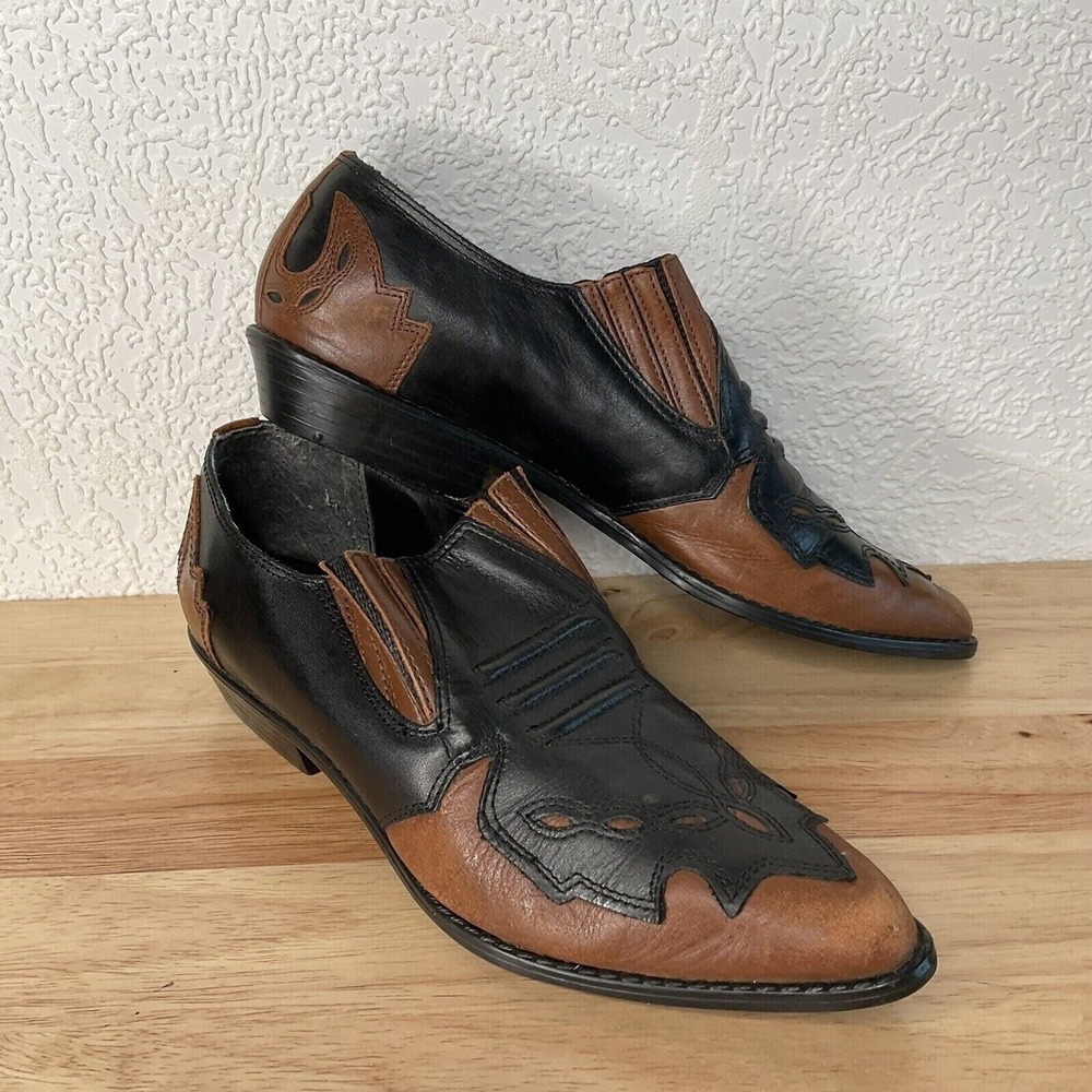 VTG Mootsies Tootsies Brown/Black Houston Leather Cowboy Booties Women 6 Brazil